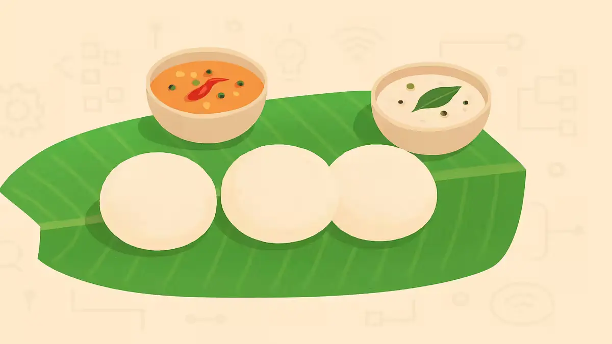 Illustration of idlis, chutney, and sambar inspired by the idli google doodle