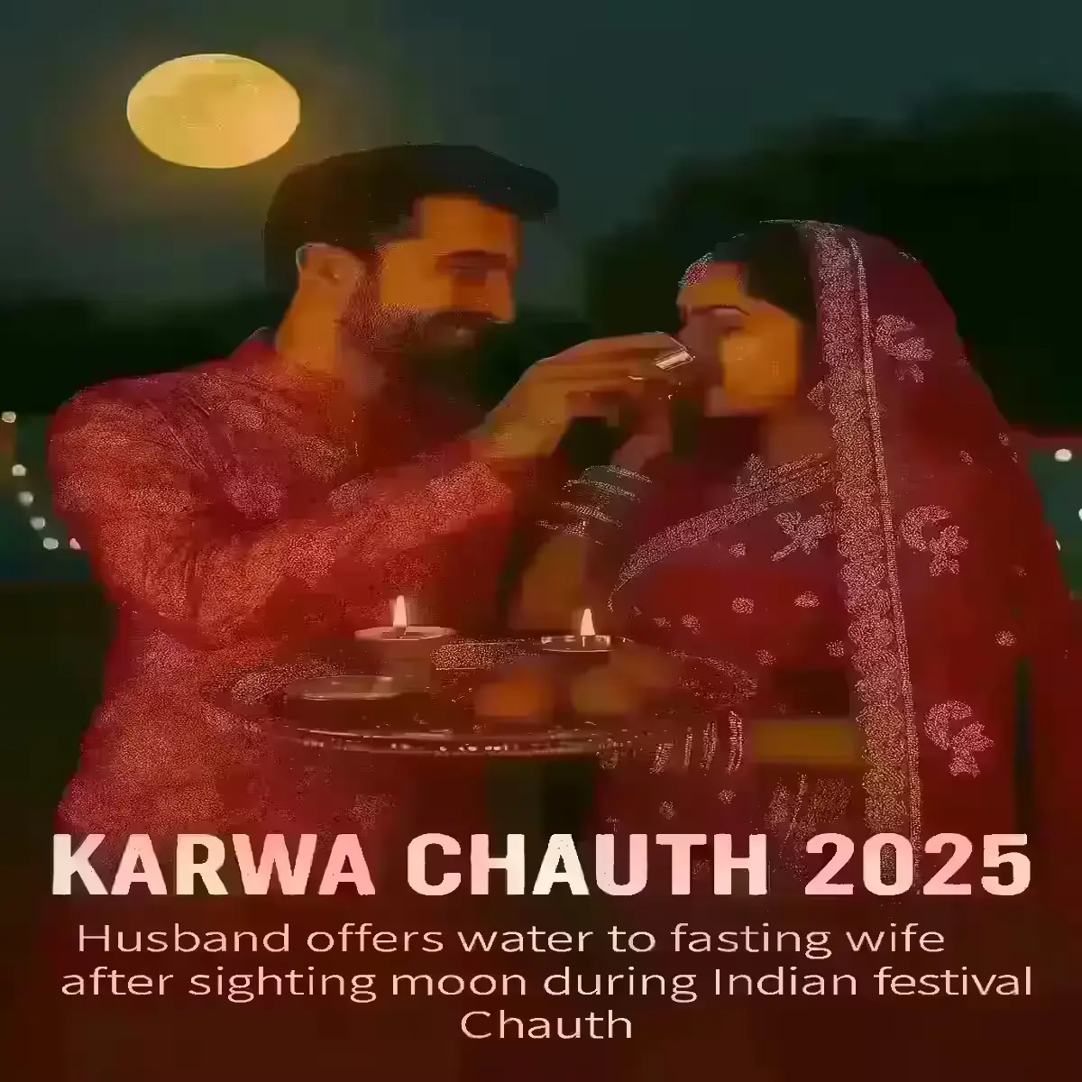 Husband and wife celebrating Karwa Chauth 2025 after moon sighting on terrace