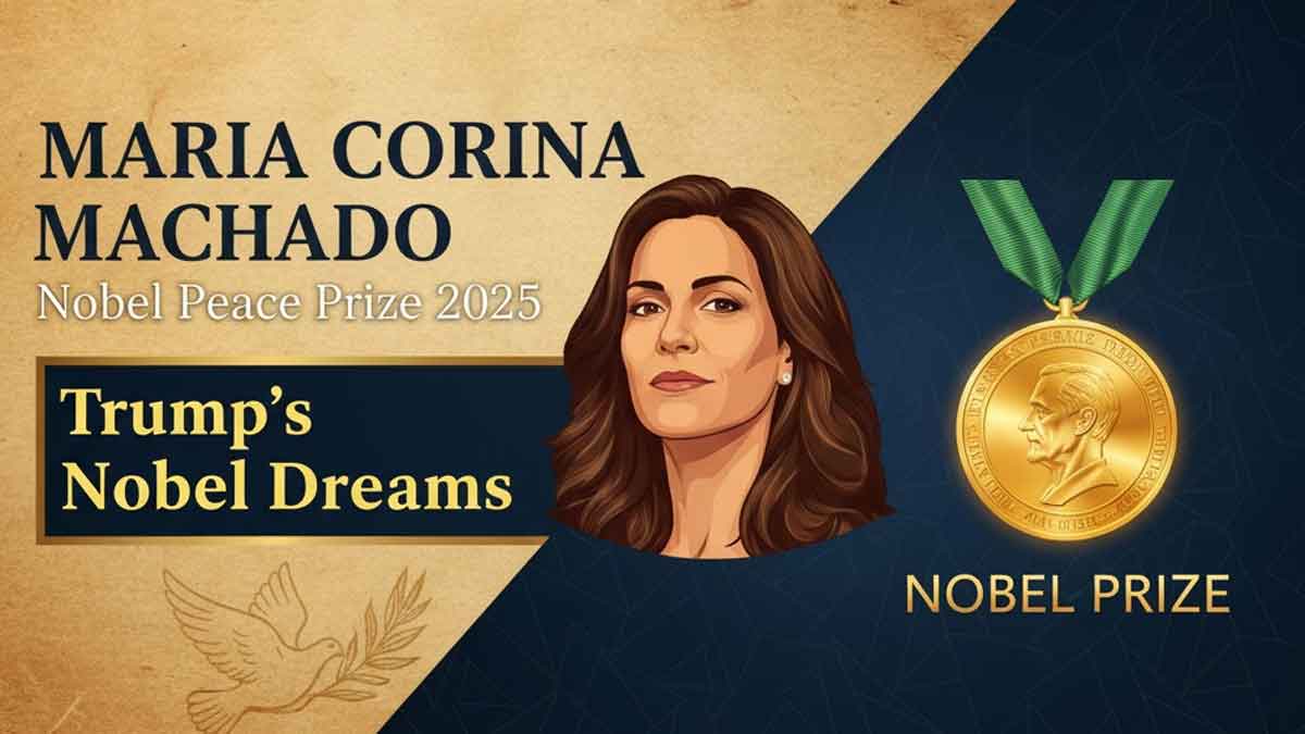 Generate a wide promotional banner image in 16:9 aspect ratio for "Maria Corina Machado Nobel Peace Prize 2025: Trump’s Nobel Dreams".