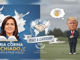 Generate a wide promotional banner image in 16:9 aspect ratio for "Maria Corina Machado Nobel Peace Prize 2025: Trump’s Nobel Dreams".