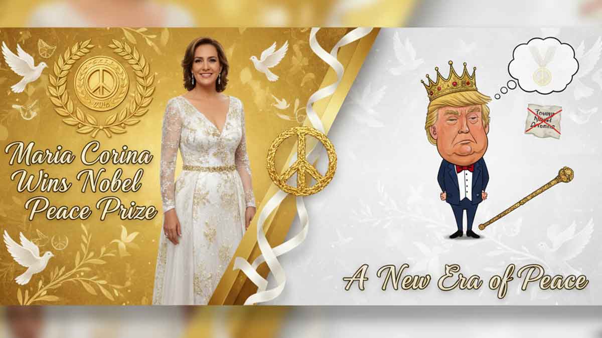 Generate a wide promotional banner image in 16:9 aspect ratio for "Maria Corina Machado Nobel Peace Prize 2025: Trump’s Nobel Dreams".