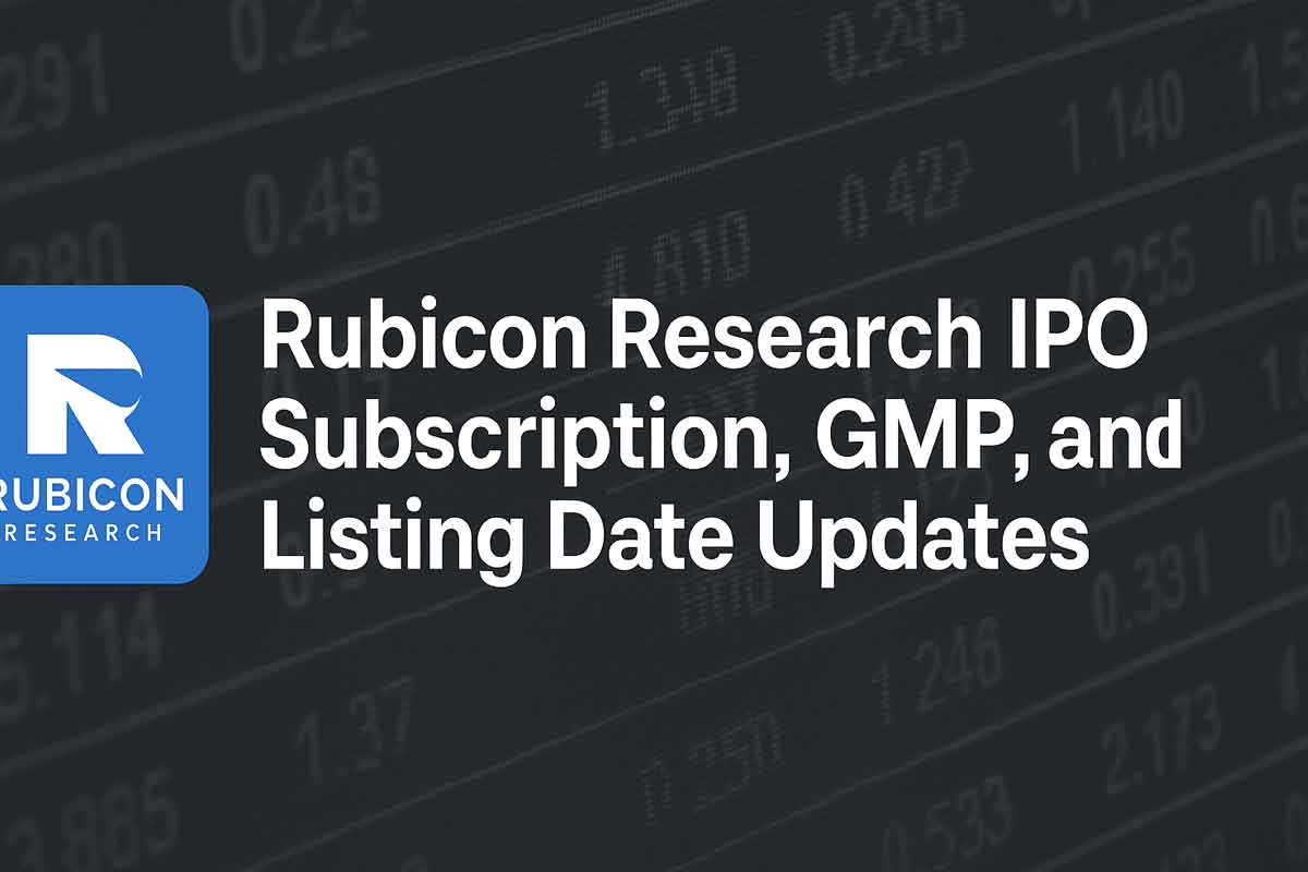 Generate a wide promotional banner image in 16:9 aspect ratio for "Rubicon Research IPO Subscription, GMP, and Listing Date Updates".