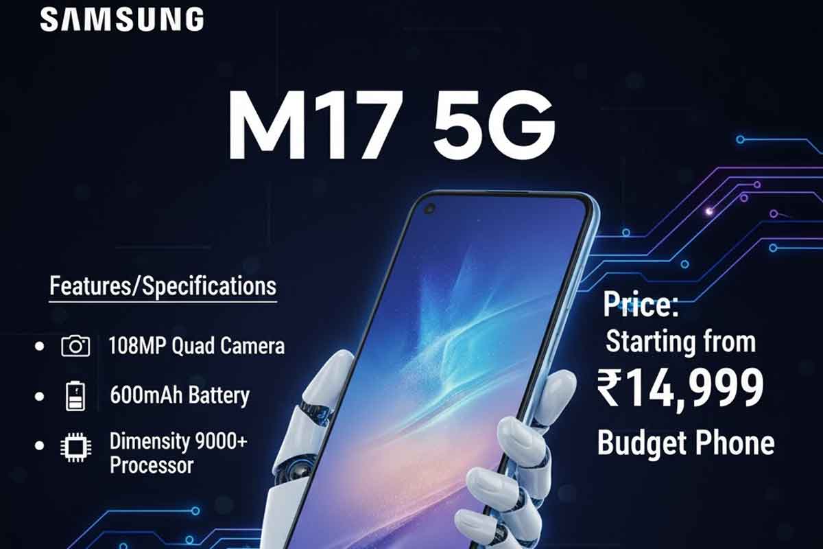 Generate a wide promotional banner image in 16:9 aspect ratio for "Samsung M17 5G".