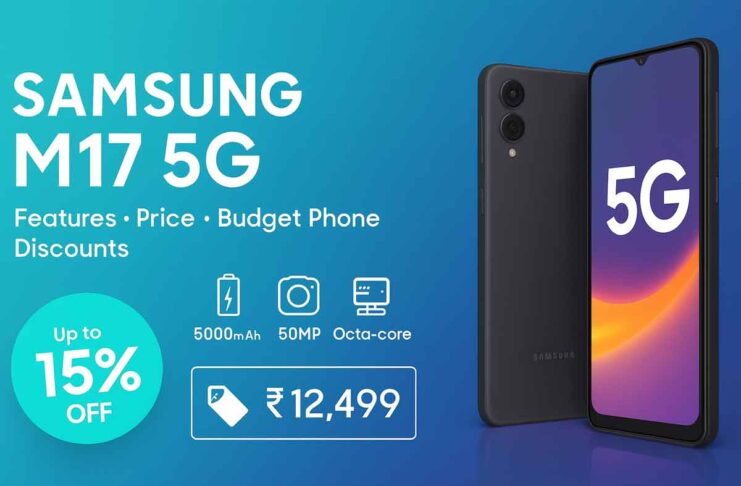 Generate a wide promotional banner image in 16:9 aspect ratio for "Samsung M17 5G".
