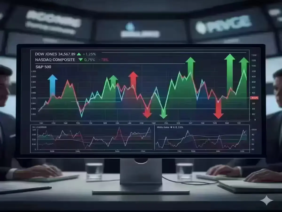 S&P 500 Slips as US-China Trade Tensions Rise Digital chart showing fluctuations in Dow Jones, Nasdaq Composite, and S&P 500 indices