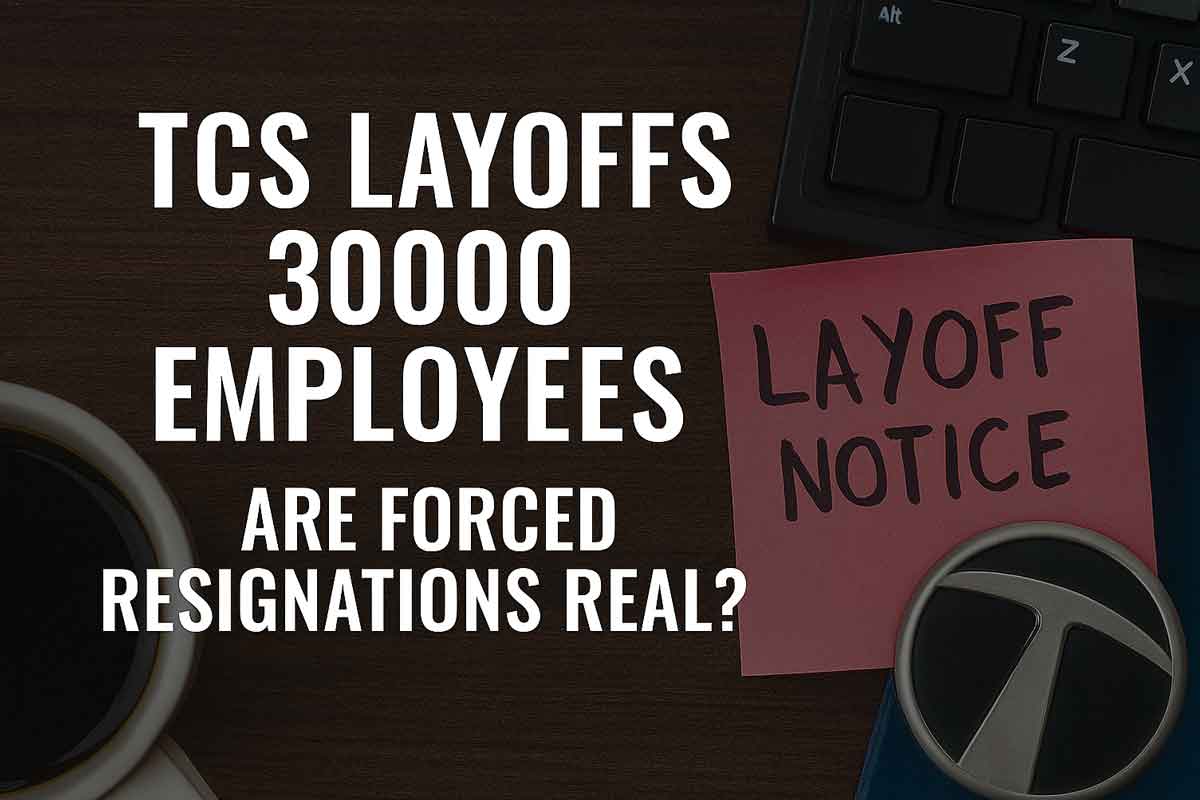 Generate a wide promotional banner image in 16:9 aspect ratio for "TCS Layoffs 30000 Employees - Are Forced Resignations Real?".