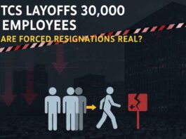 Generate a wide promotional banner image in 16:9 aspect ratio for "TCS Layoffs 30000 Employees - Are Forced Resignations Real?".