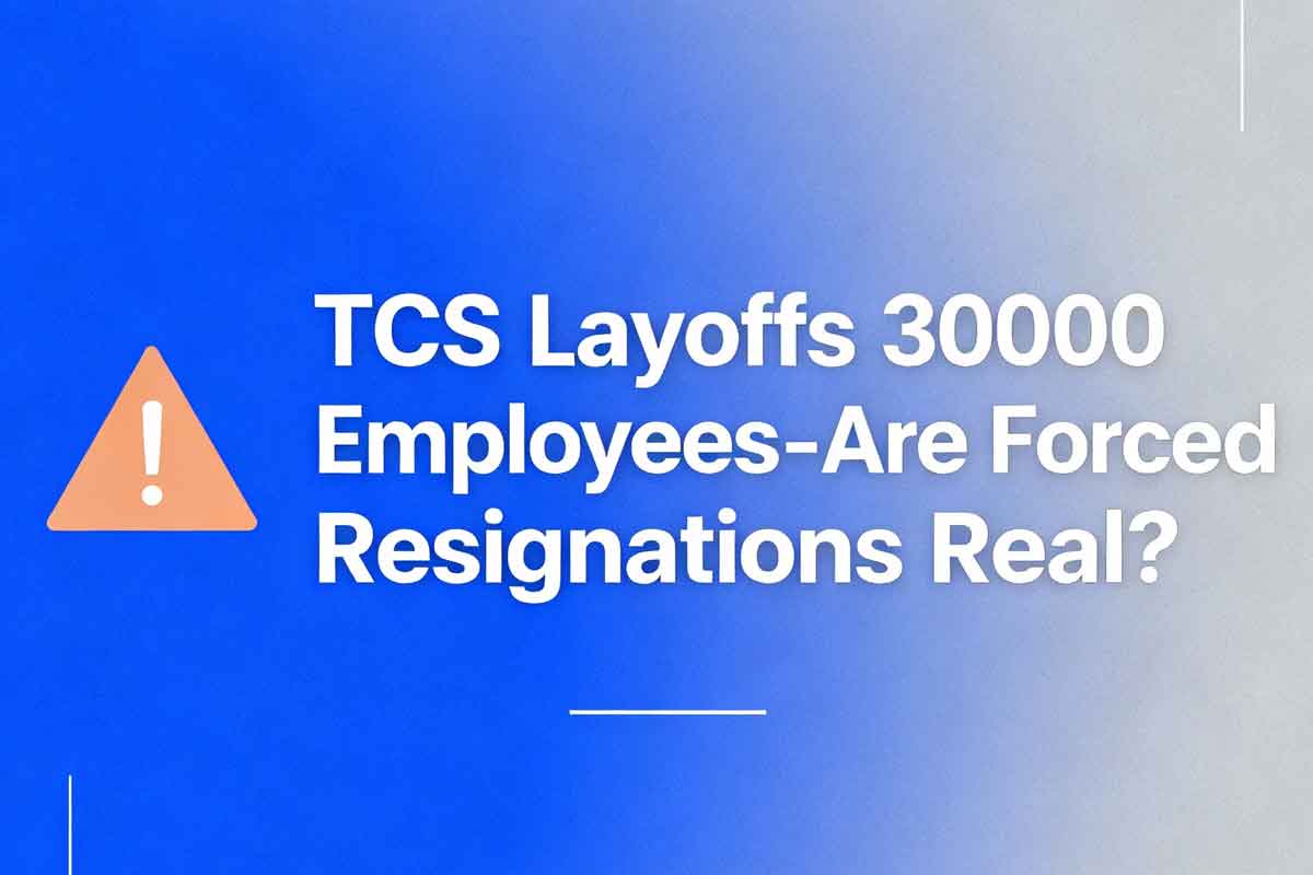 Generate a wide promotional banner image in 16:9 aspect ratio for "TCS Layoffs 30000 Employees - Are Forced Resignations Real?".