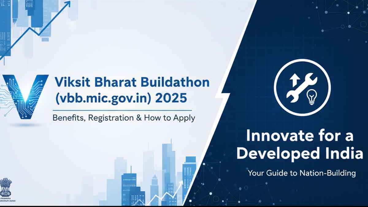 Generate a wide promotional banner image in 16:9 aspect ratio for "Viksit Bharat Buildathon (vbb.mic.gov.in) 2025 – Benefits, Registration & How to Apply".