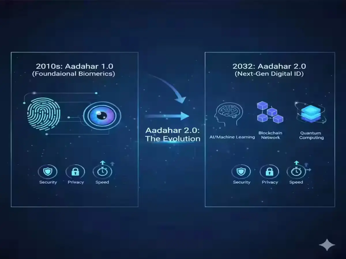 UIDAI Unveils ‘Aadhaar Vision 2032’ - India’s Digital ID Set for a Big Tech Upgrade Evolution of Aadhaar from 2010 to Aadhaar 2.0 showing AI and blockchain integration.