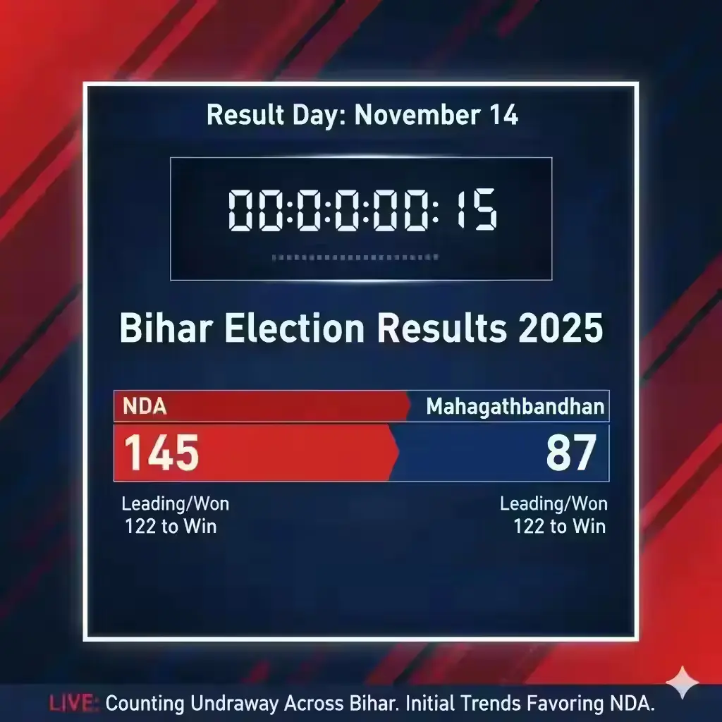 Bihar election 2025 result countdown showing NDA vs Mahagathbandhan seat forecast