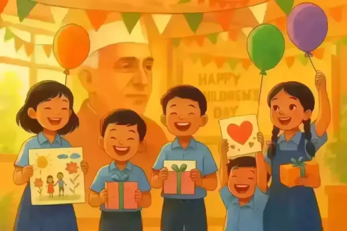 Children celebrating 14 November Bal Diwas with handmade gifts