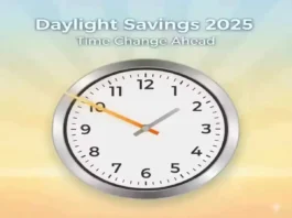 Daylight Savings 2025 time change with clock and sunrise