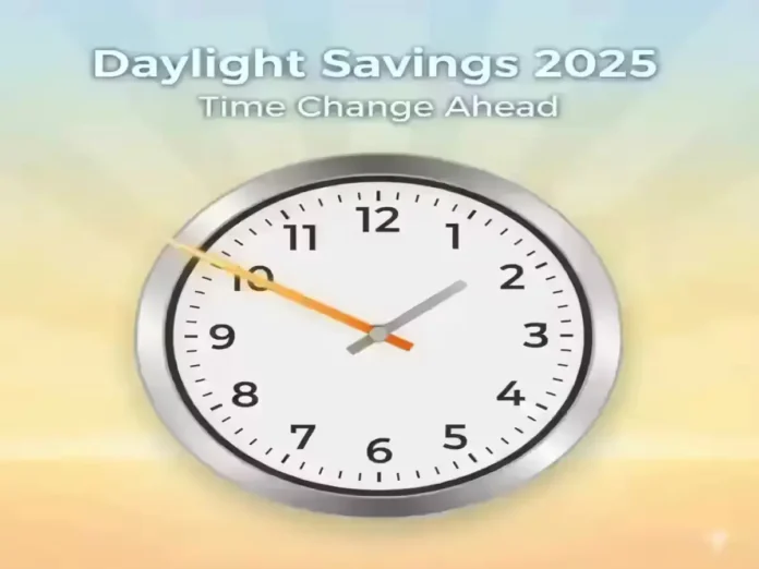 Daylight Savings 2025 time change with clock and sunrise