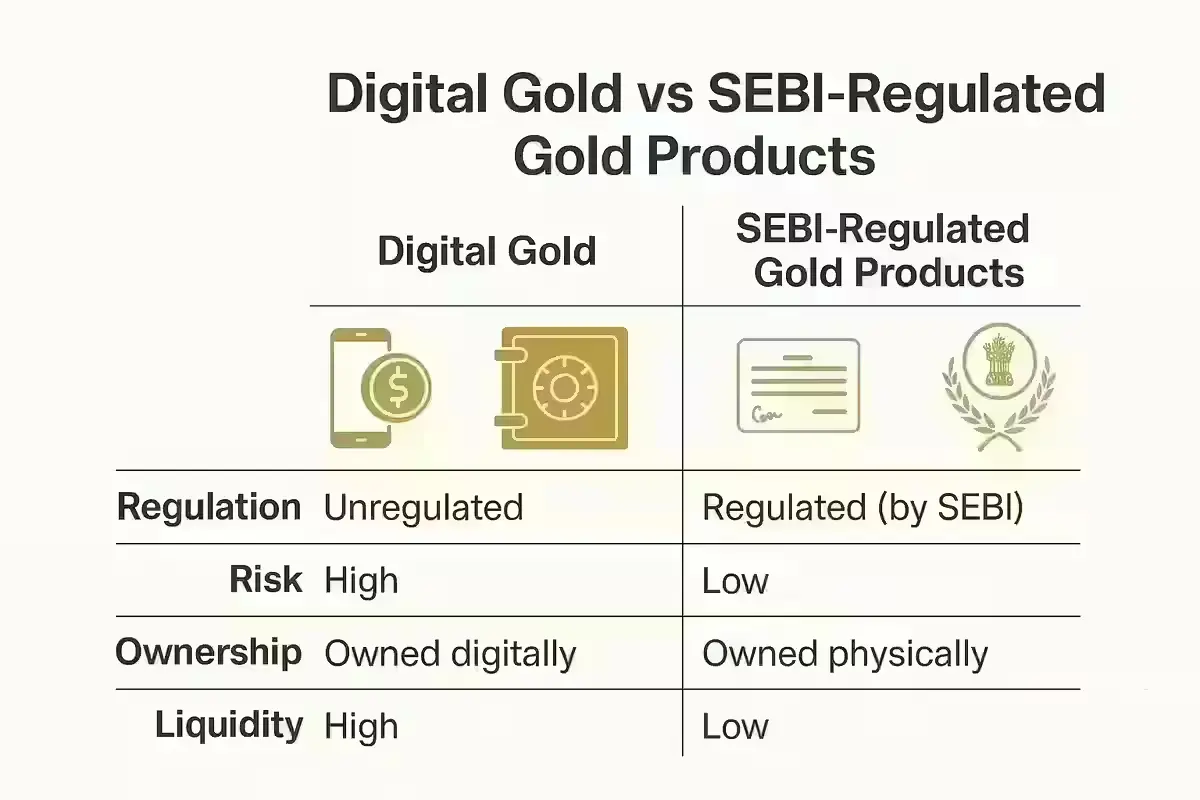 Comparison between digital gold and SEBI-regulated gold investment products