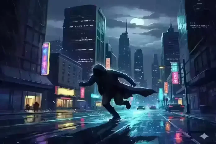 Suspenseful action scene in a modern city at night representing Family Man Season 3