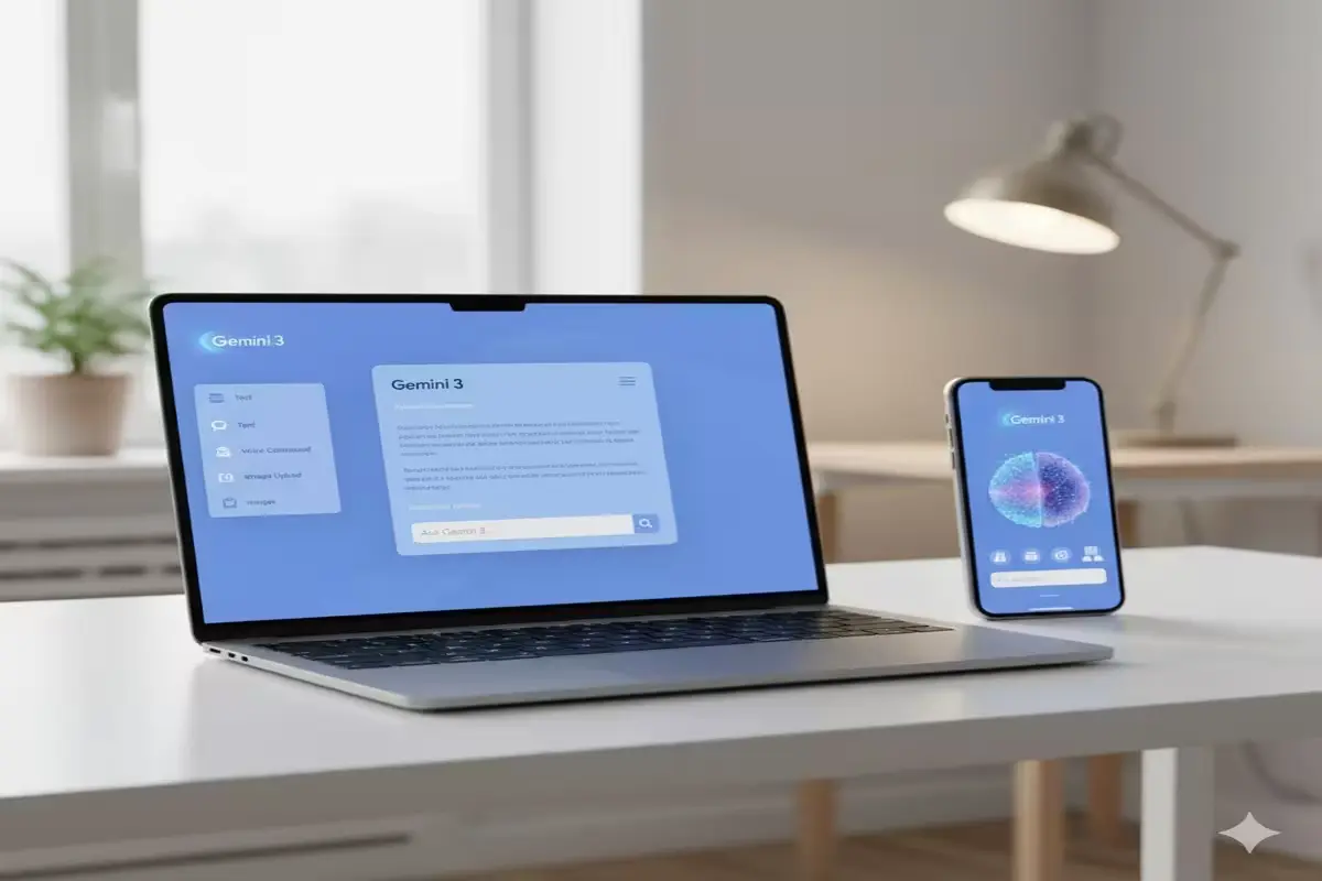 Mockup showing Google Gemini 3 interface on laptop and phone