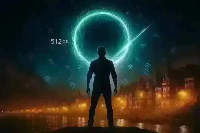 varanasi movie clickbait poster with time travel theme and mahesh babu silhouette