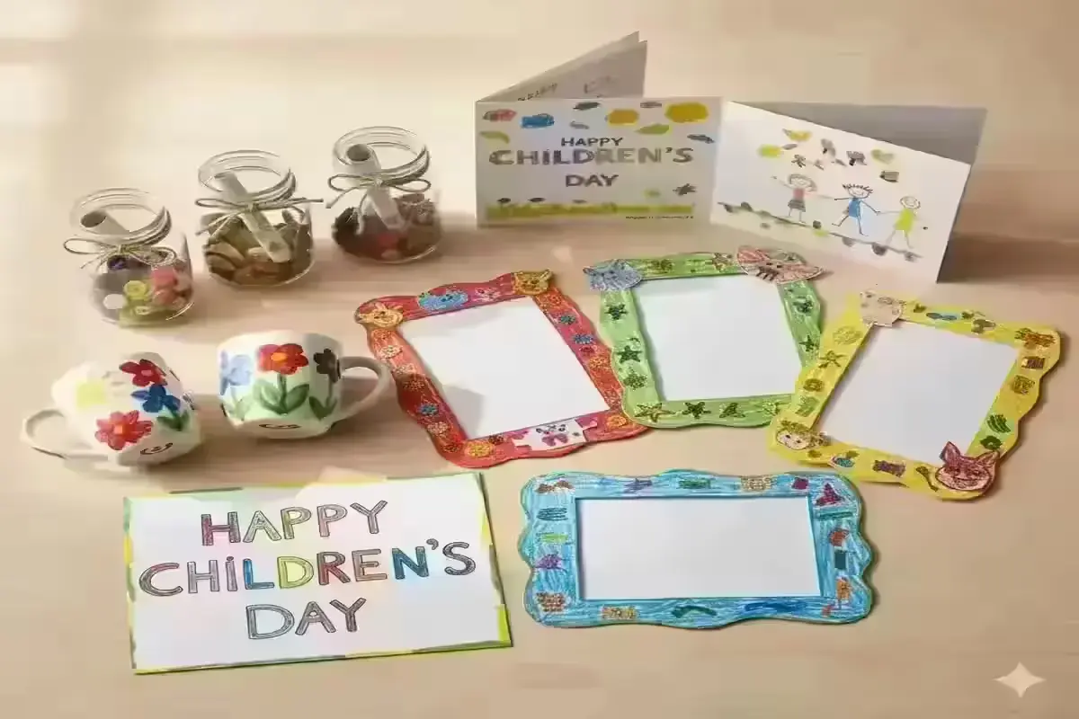Handmade Children's Day gift ideas like photo frames and craft cards