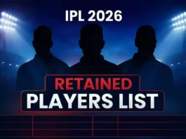 IPL 2026 retained players list announcement graphic with cricket silhouettes