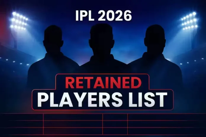 IPL 2026 retained players list announcement graphic with cricket silhouettes