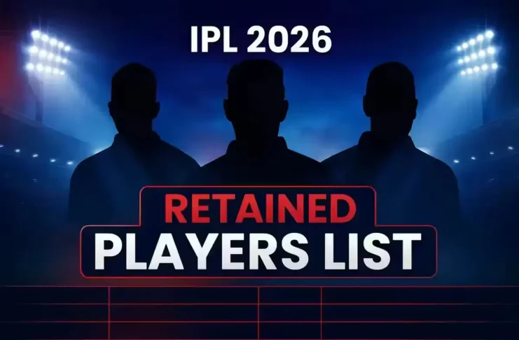 IPL 2026 retained players list announcement graphic with cricket silhouettes