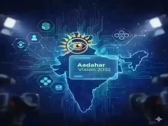 Aadhaar Vision 2032 digital ID concept by UIDAI showing India’s AI-powered identity future.