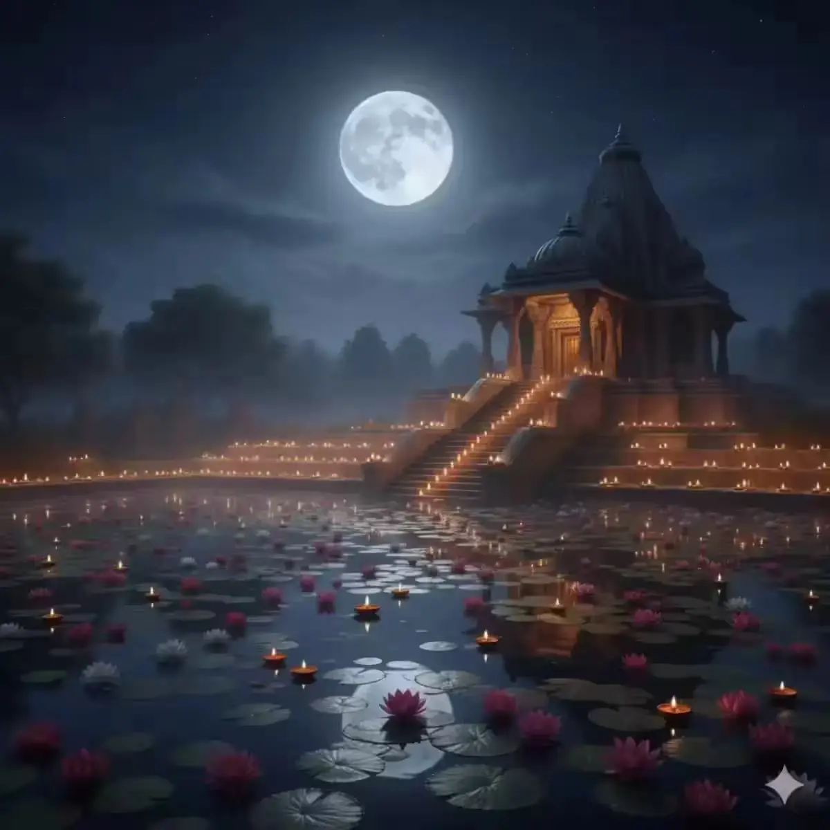 Full moon and decorated temple on Kartik Purnima 2025