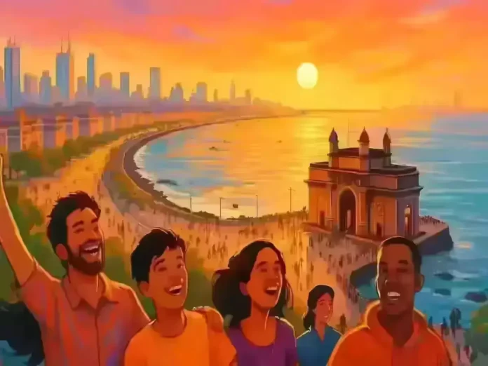 Mumbai city skyline with happy residents, ranked 5th happiest city worldwide in 2025