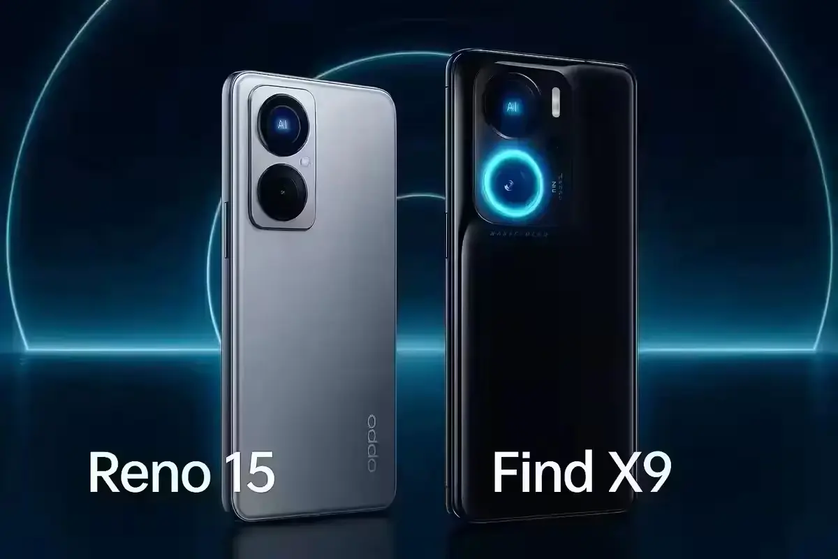 Oppo Reno 15 and Find X9 smartphones side by side showcasing AI camera design