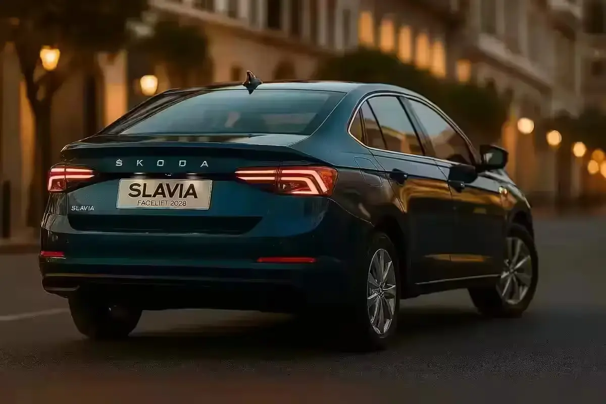 Rear view of Skoda Slavia Facelift with new LED taillights and updated design