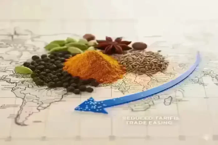 Indian spices on a world map showing India and the US, symbolizing tariff rollback