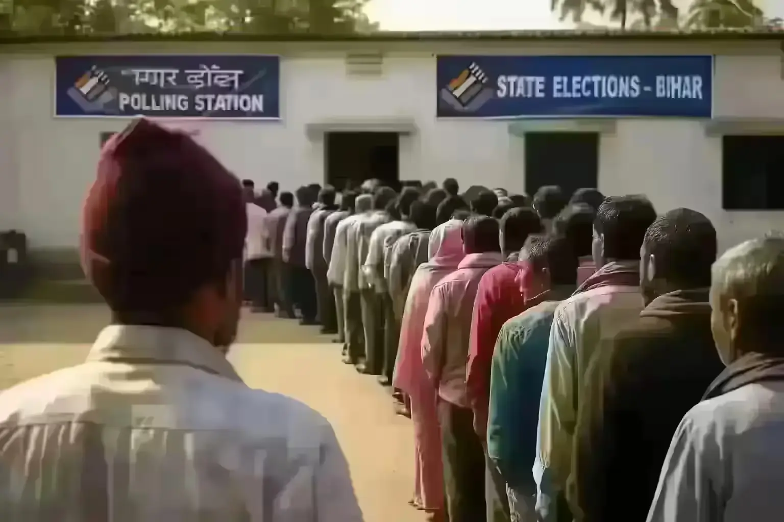 Bihar voters queue outside polling booth during first phase of Bihar Election 2025