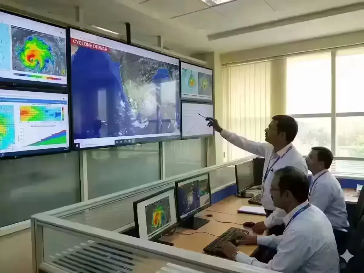 IMD team tracking Ditwah cyclone on radar and weather screens
