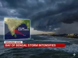 Ditwah cyclone approaching Chennai coast with storm clouds and rough sea