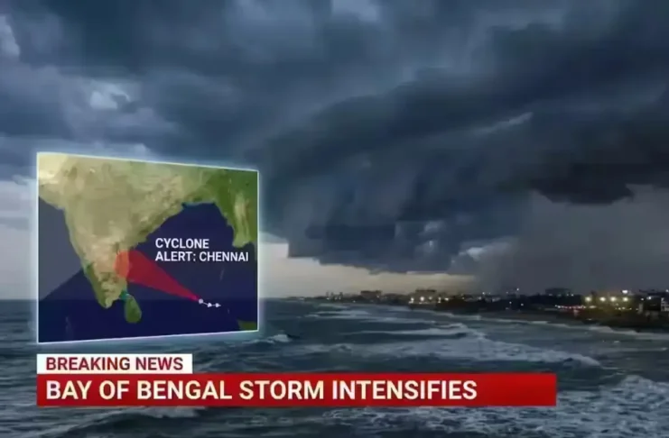 Ditwah cyclone approaching Chennai coast with storm clouds and rough sea