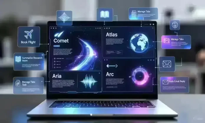 AI browsers 2025 Comet Atlas Arc Opera Aria