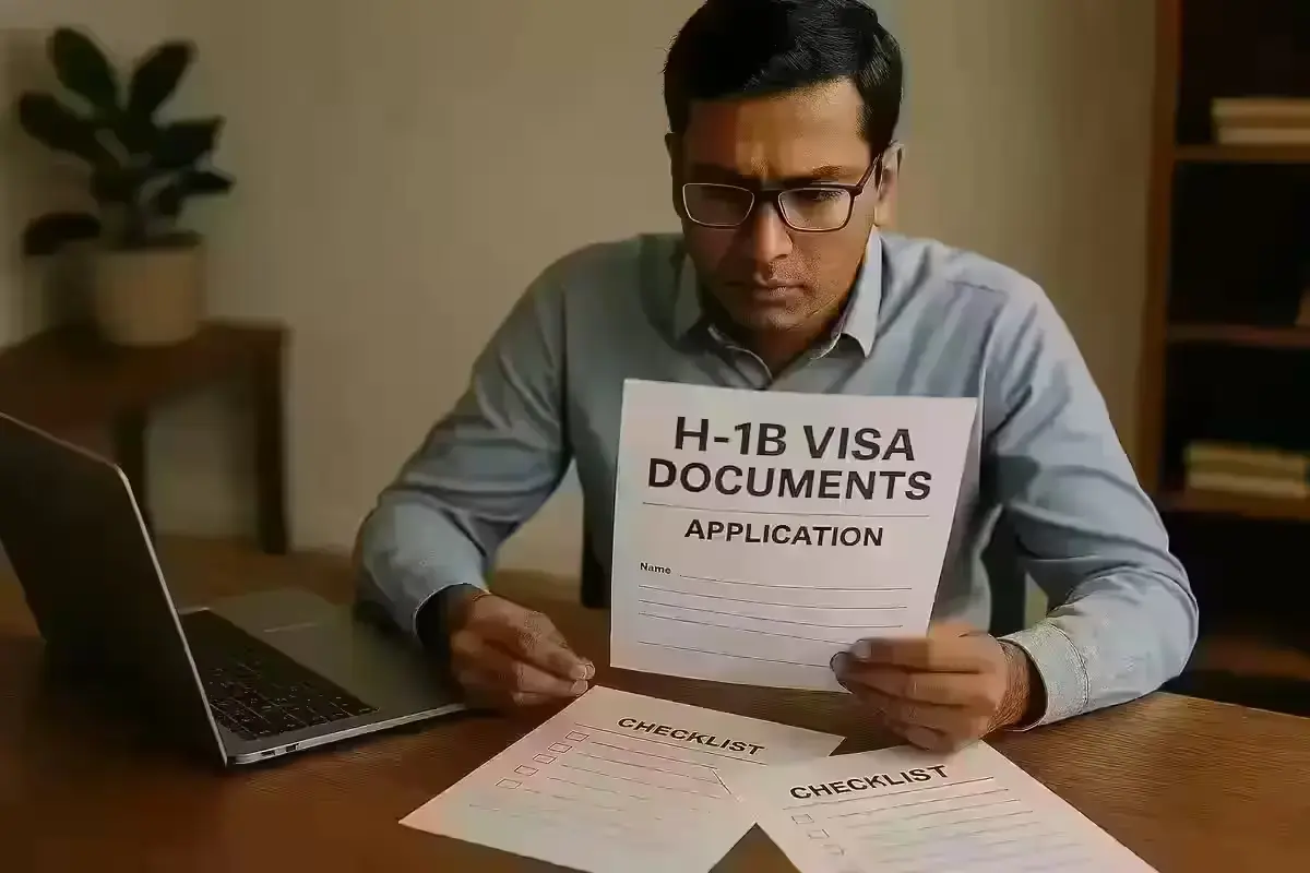 Indian tech worker reviewing H-1B visa documents during processing delays