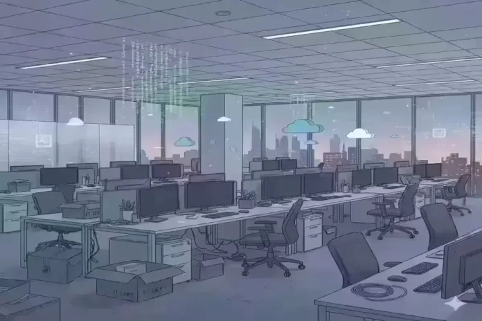 Tech layoffs 2025 showing empty tech office after major job cuts