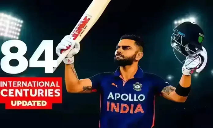Virat Kohli celebrating a century with bat raised and updated century count display.