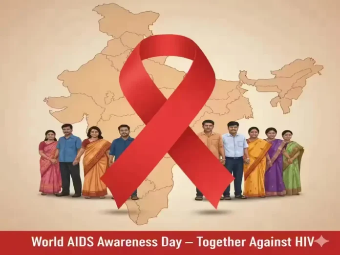 World AIDS Awareness Day red ribbon with people united in support of HIV prevention and Andhra Pradesh