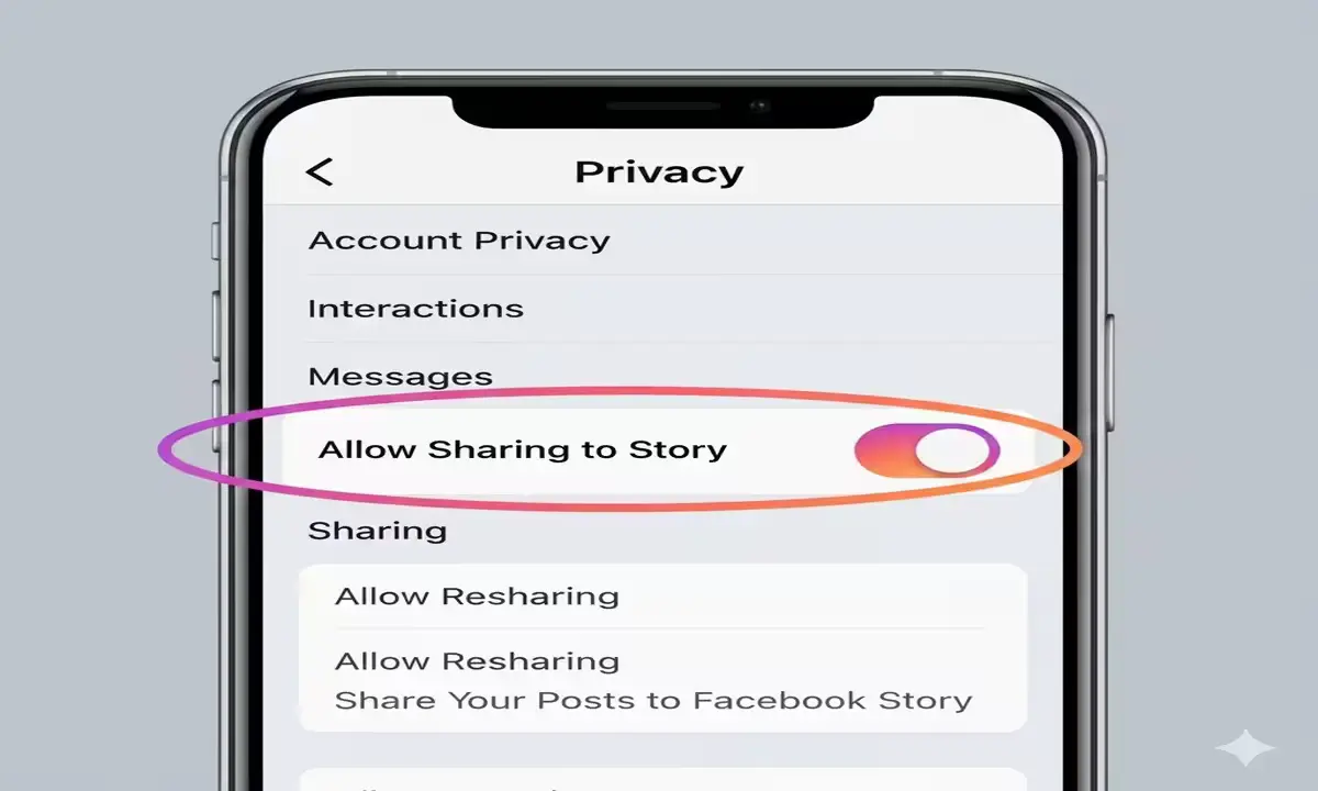 instagram privacy settings screen showing 'Allow Sharing to Story' toggle